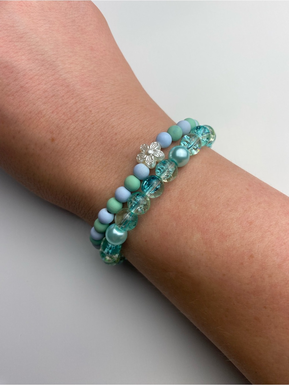 Teal & Mint Beaded Stack Bracelet Set - Floral Accent